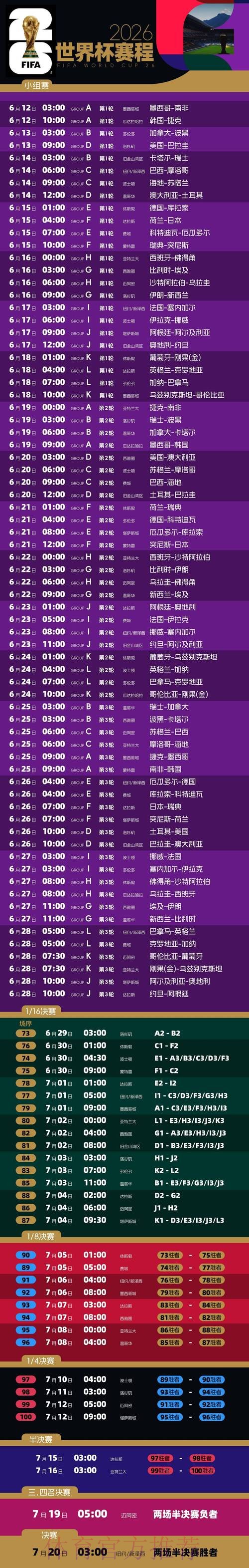 2026世界杯比赛时间一览完整安排怎么查